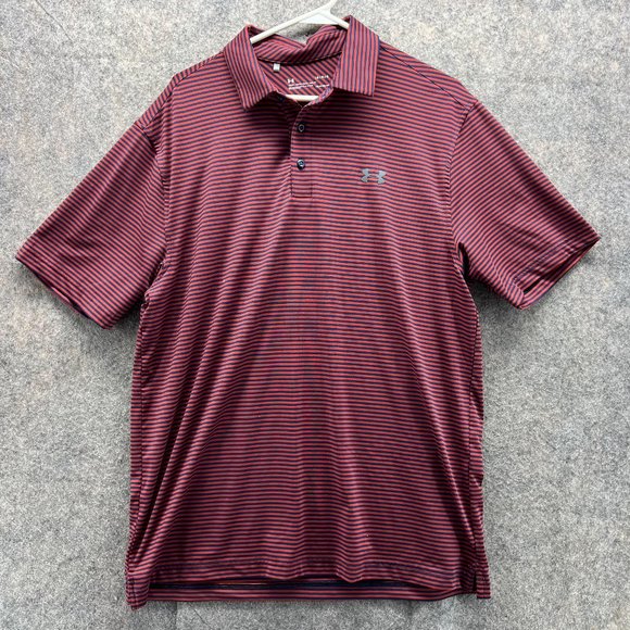 Under Armour Polo Shirt Men Large Adult Burgundy Striped Golf Golfer Outdoors - Picture 1 of 12